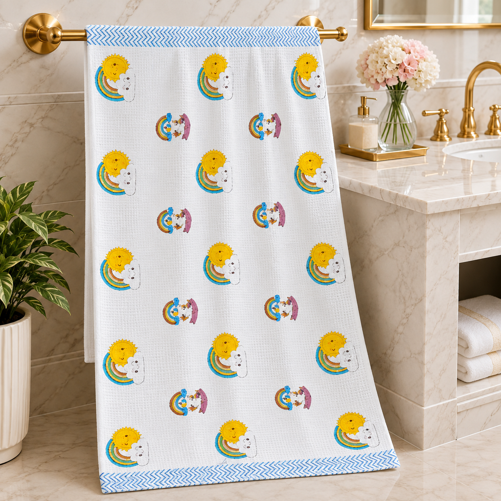 Kids Zone Waffle Printed Pure Cotton Bath & Hand Towels