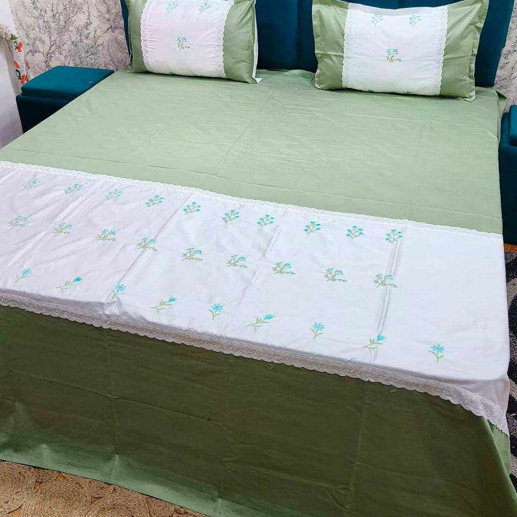 Shahi Karigari Pure Cotton King-Size Green Floral Embroidered Bedsheet