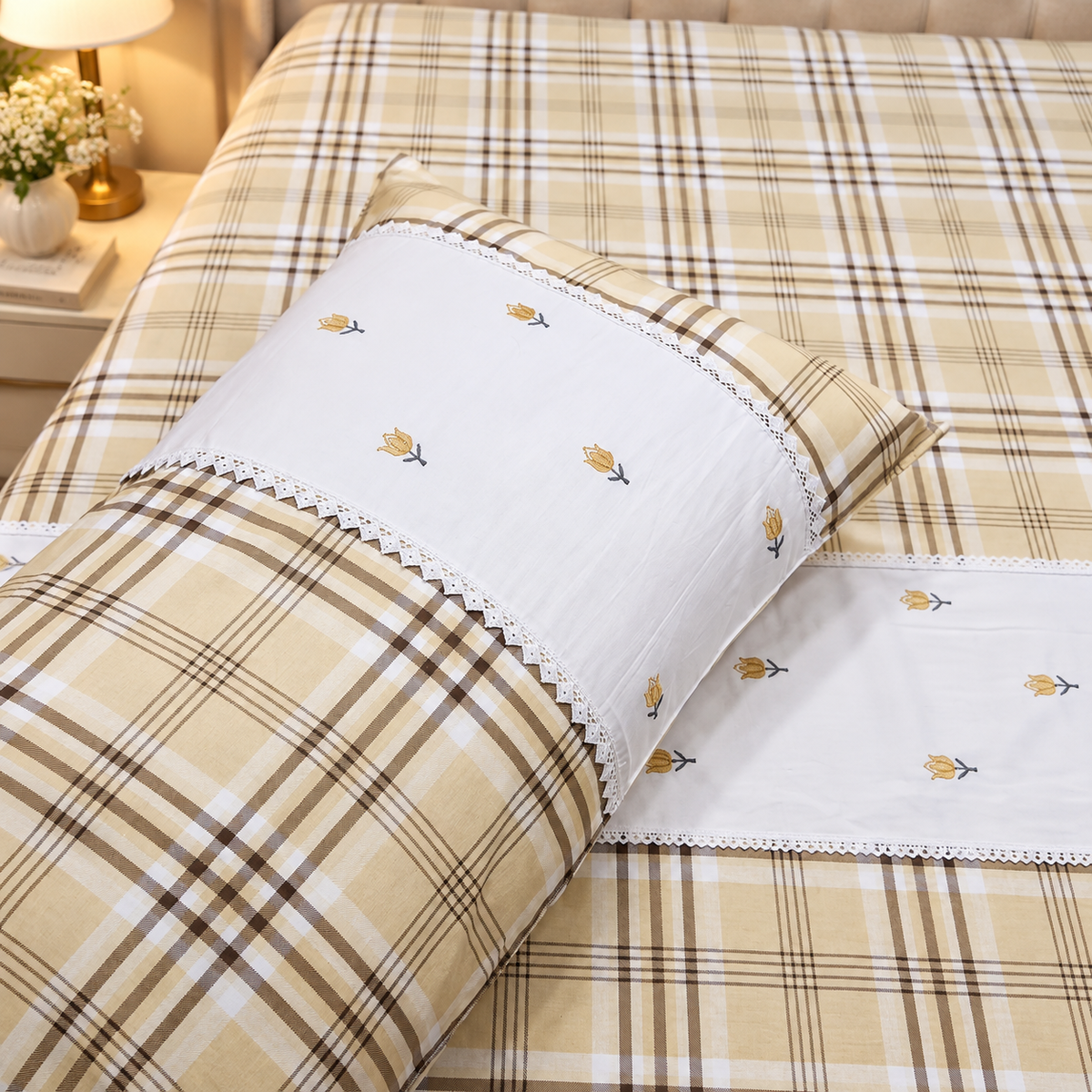 Skyla Beige & White Floral Embroidered & Checkered King Size Pure Cotton Bedsheet Set