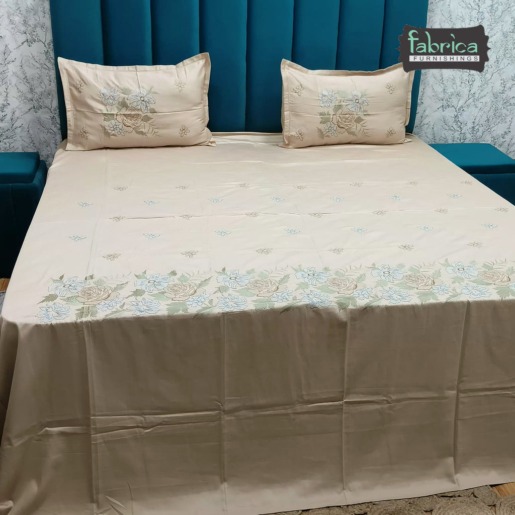 Aurelia Premium Pure Cotton Super King-Size Blue Floral Embroidered Bedsheet