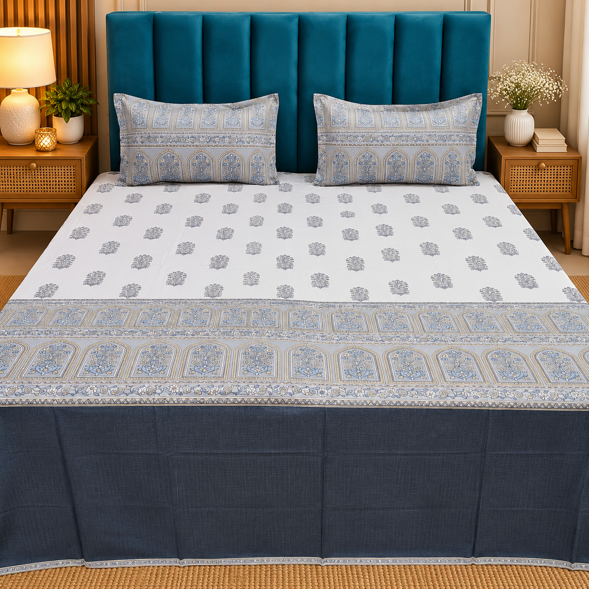 Artistry of India Premium White & Slate Blue Floral Printed Pure Cotton King-Size Bedsheet Set