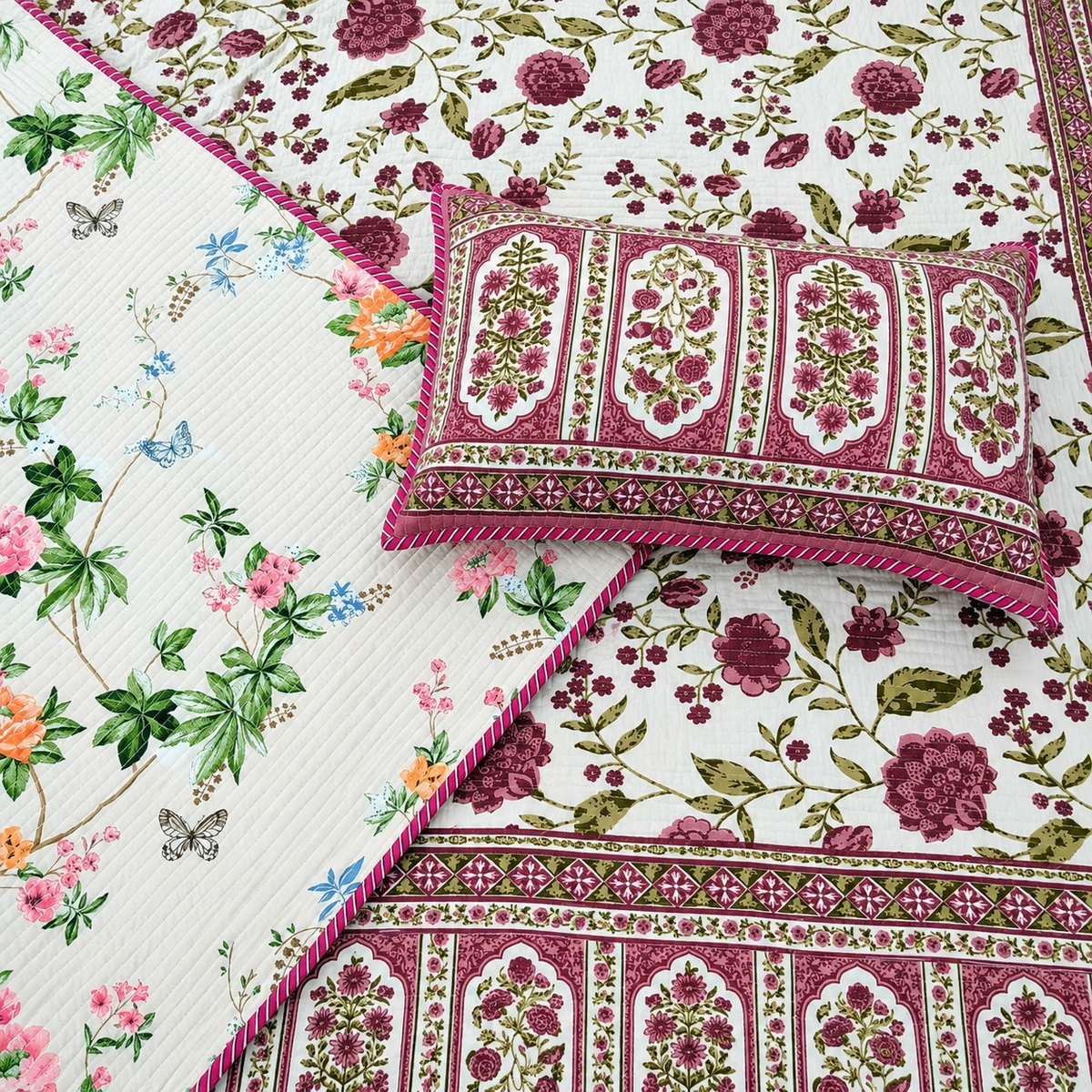 Nilaya Floral Premium Pure Cotton White & Mauve Pink Printed Bedcover