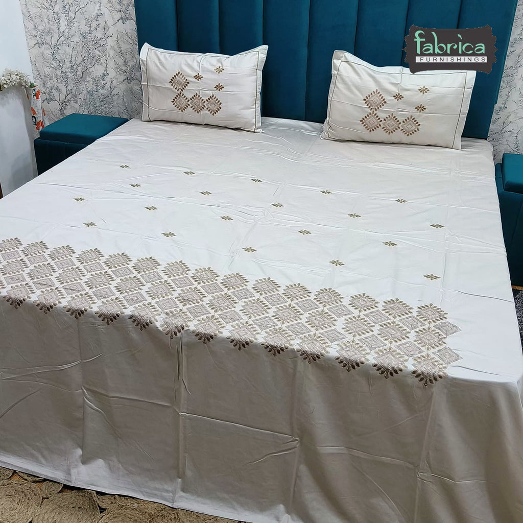 Roselyn Premium Pure Cotton Super King-Size Geometric Embroidered Bedsheet