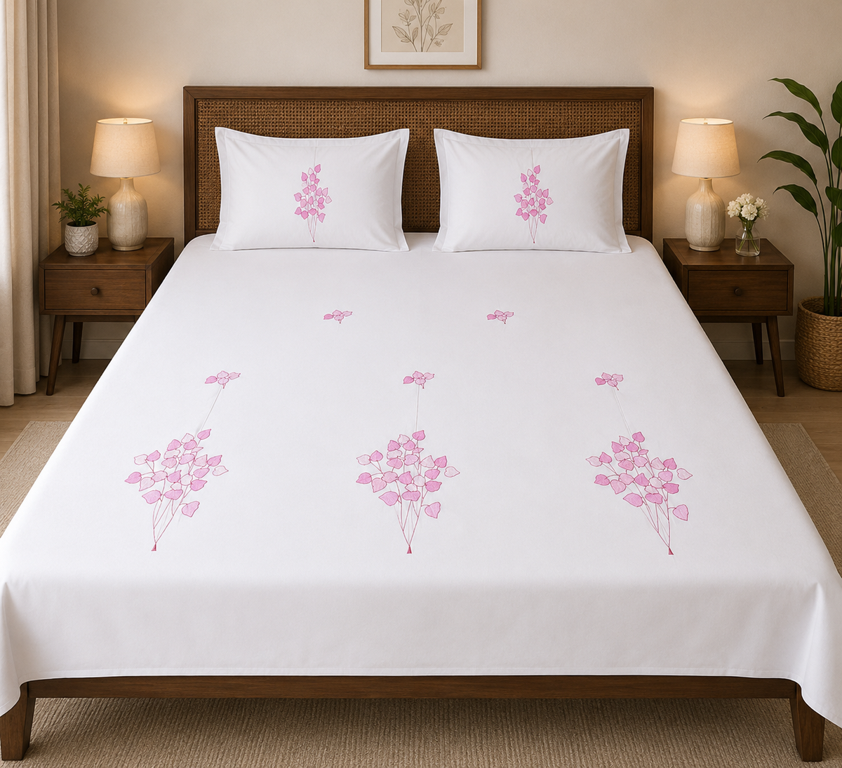 Fabby Decor Premium Pure Cotton Super King-Size Pink Floral Embroidered Designer Bedsheet