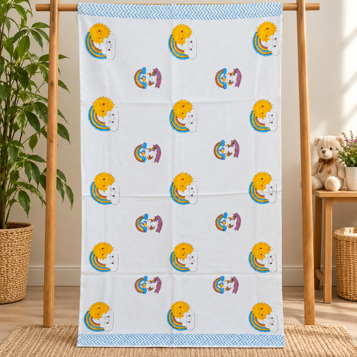 Kids Zone Waffle Printed Pure Cotton Bath & Hand Towels