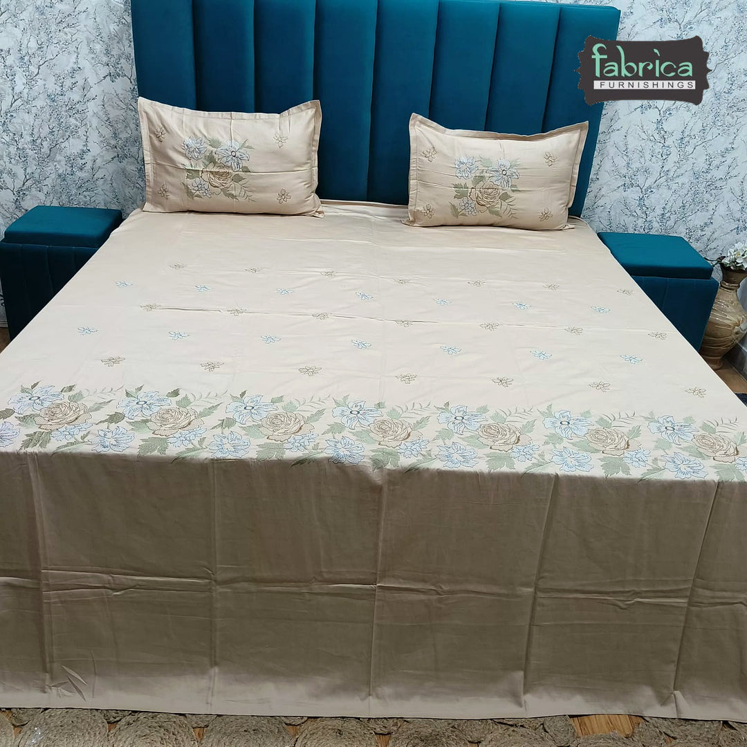Aurelia Premium Pure Cotton Super King-Size Blue Floral Embroidered Bedsheet