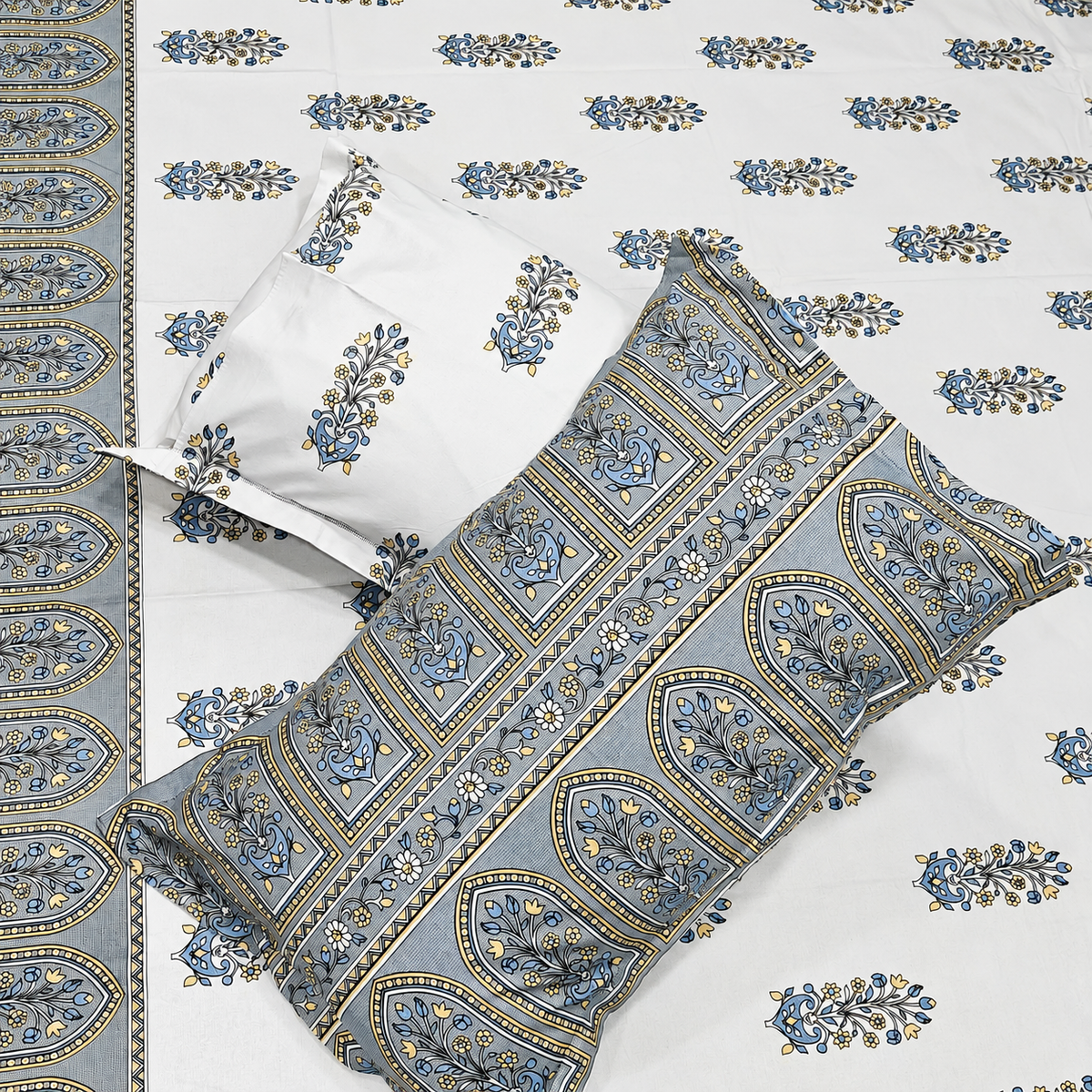 Artistry of India Premium White & Slate Blue Floral Printed Pure Cotton King-Size Bedsheet Set