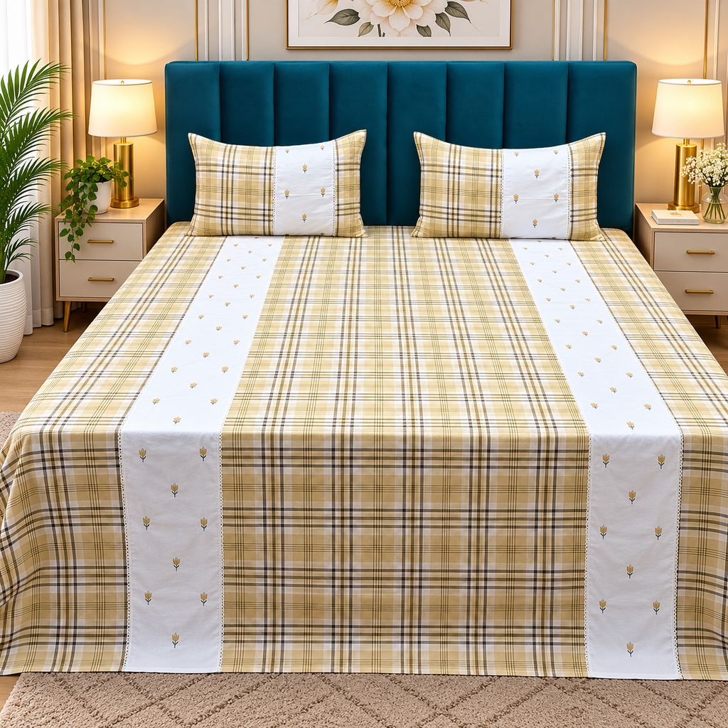 Skyla Beige & White Floral Embroidered & Checkered King Size Pure Cotton Bedsheet Set