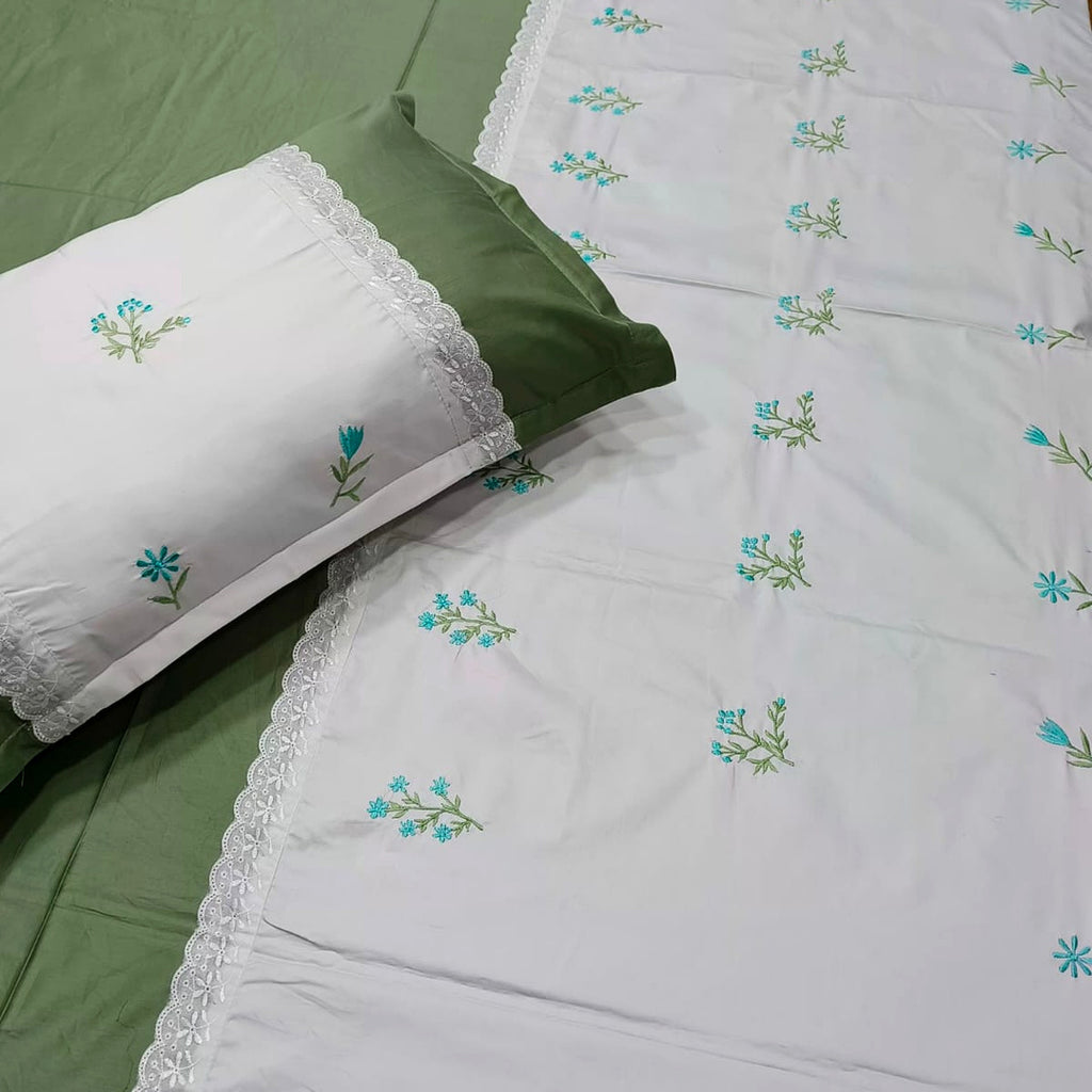 Shahi Karigari Pure Cotton King-Size Green Floral Embroidered Bedsheet