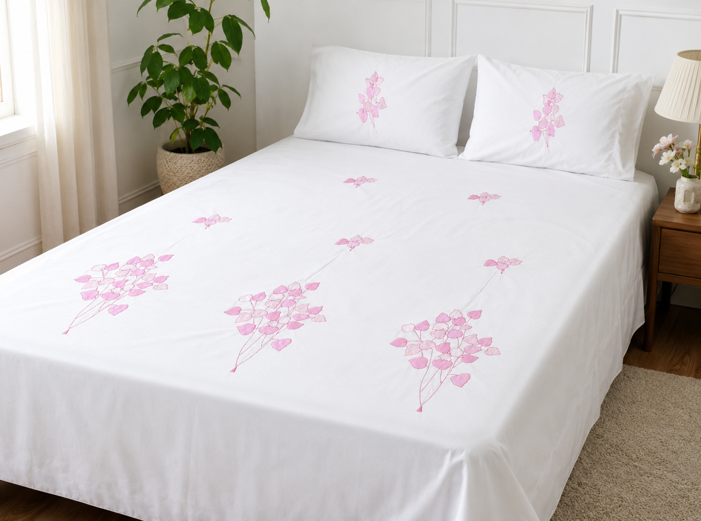 Fabby Decor Premium Pure Cotton Super King-Size Pink Floral Embroidered Designer Bedsheet