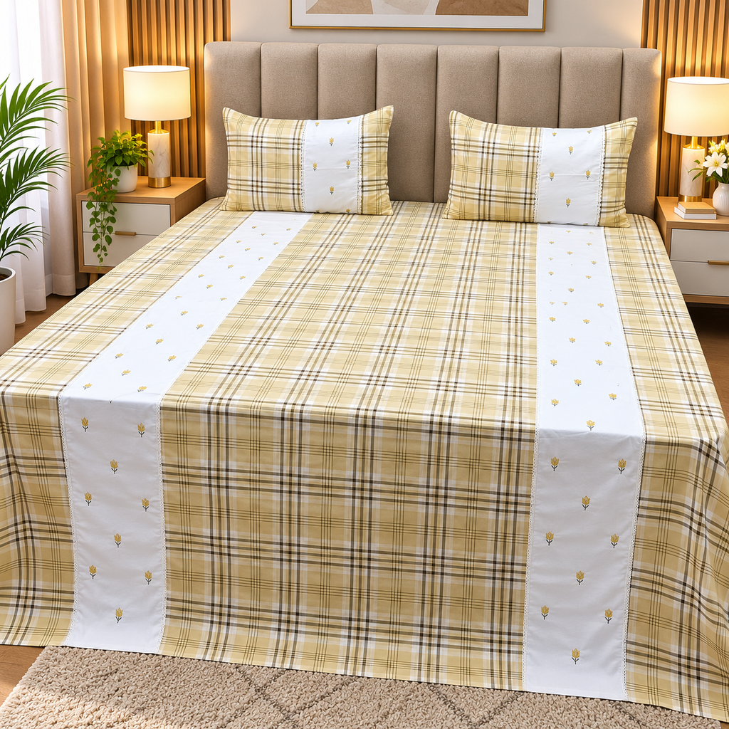 Skyla Beige & White Floral Embroidered & Checkered King Size Pure Cotton Bedsheet Set