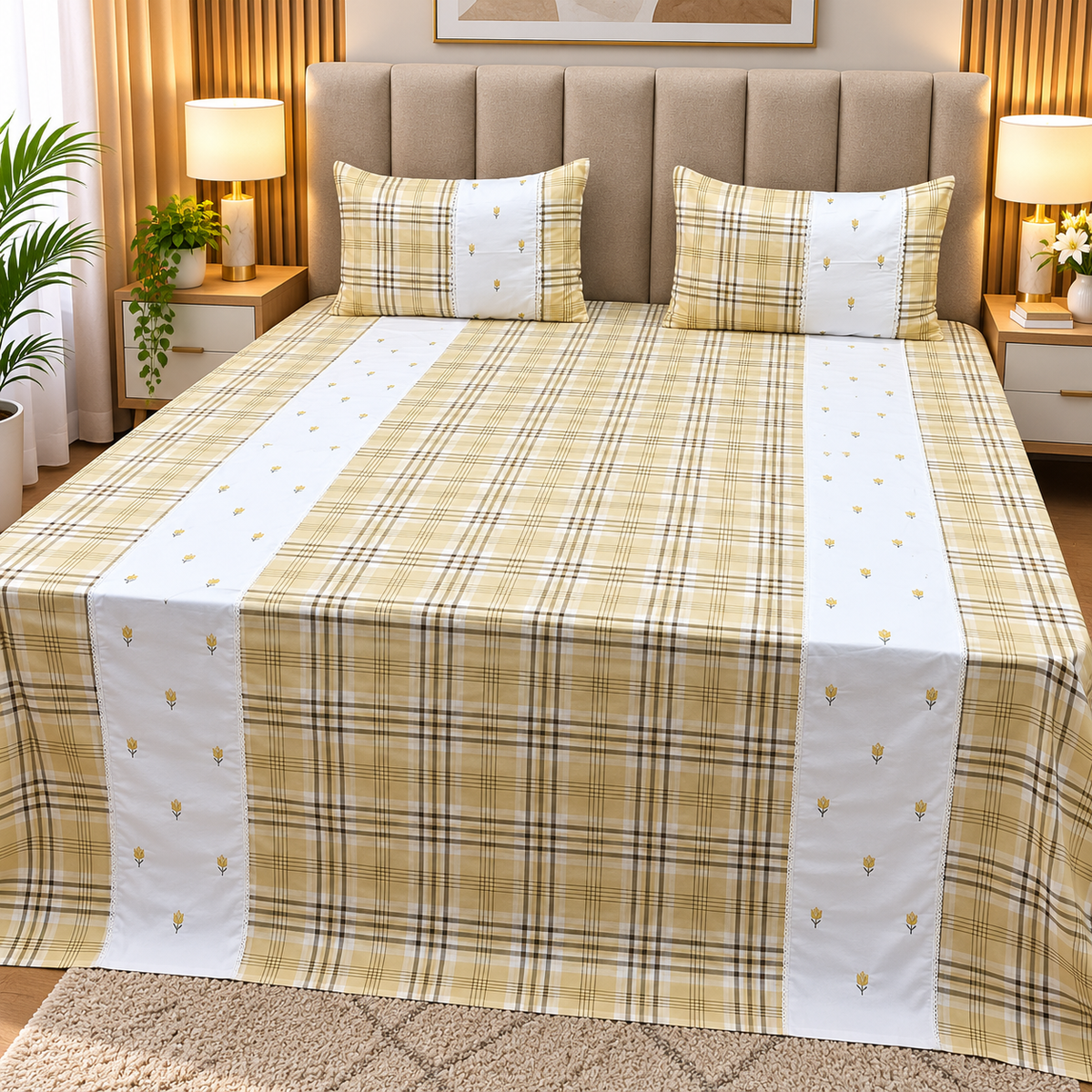 Skyla Beige & White Floral Embroidered & Checkered King Size Pure Cotton Bedsheet Set