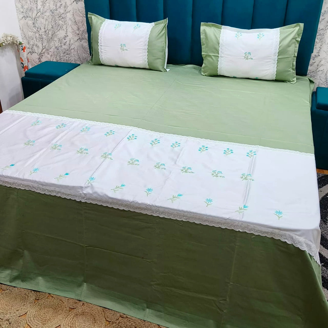 Shahi Karigari Pure Cotton King-Size Green Floral Embroidered Bedsheet