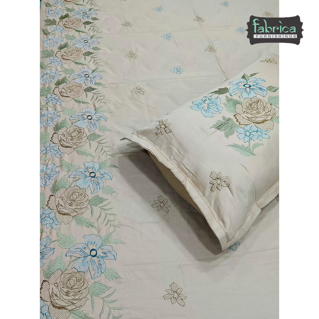 Aurelia Premium Pure Cotton Super King-Size Blue Floral Embroidered Bedsheet