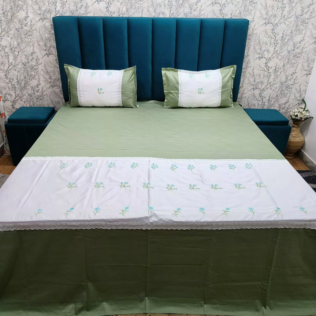 Shahi Karigari Pure Cotton King-Size Green Floral Embroidered Bedsheet