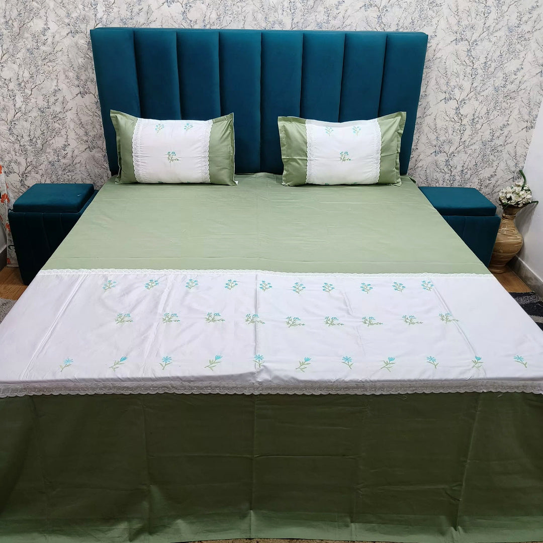 Shahi Karigari Pure Cotton King-Size Green Floral Embroidered Bedsheet