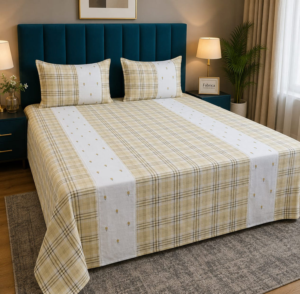 Skyla Beige & White Floral Embroidered & Checkered King Size Pure Cotton Bedsheet Set