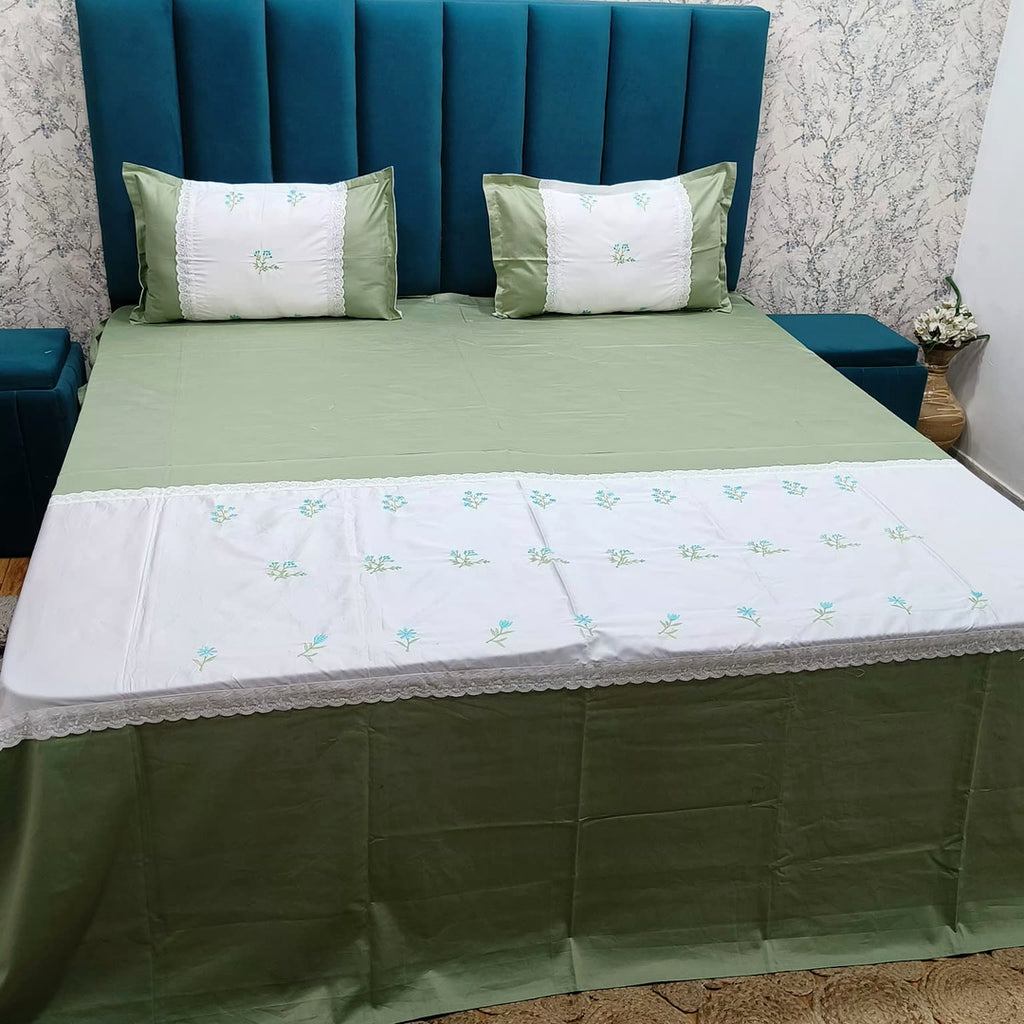 Shahi Karigari Pure Cotton King-Size Green Floral Embroidered Bedsheet