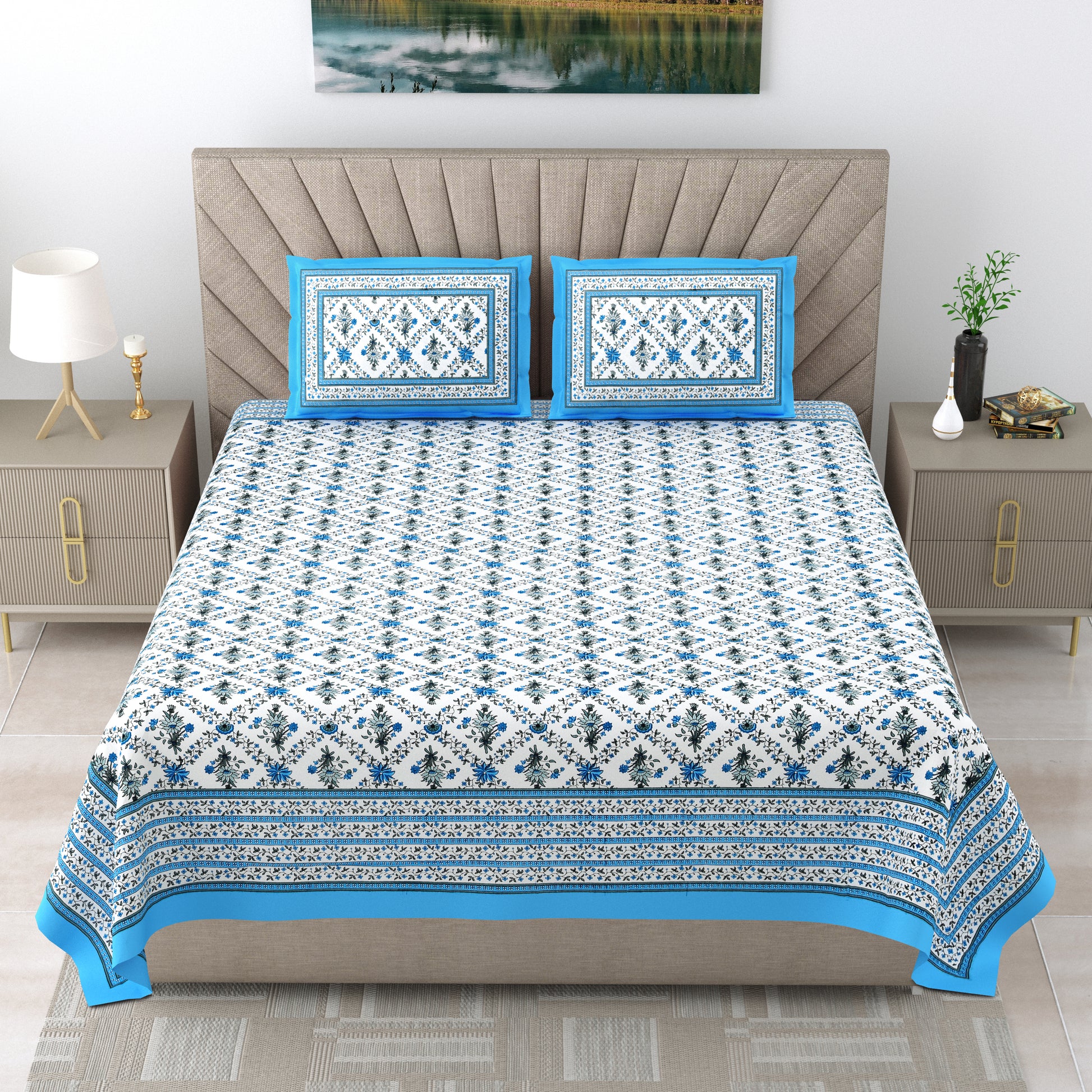 Royal Rajasthani Blue Floral Printed King Size Bedsheet