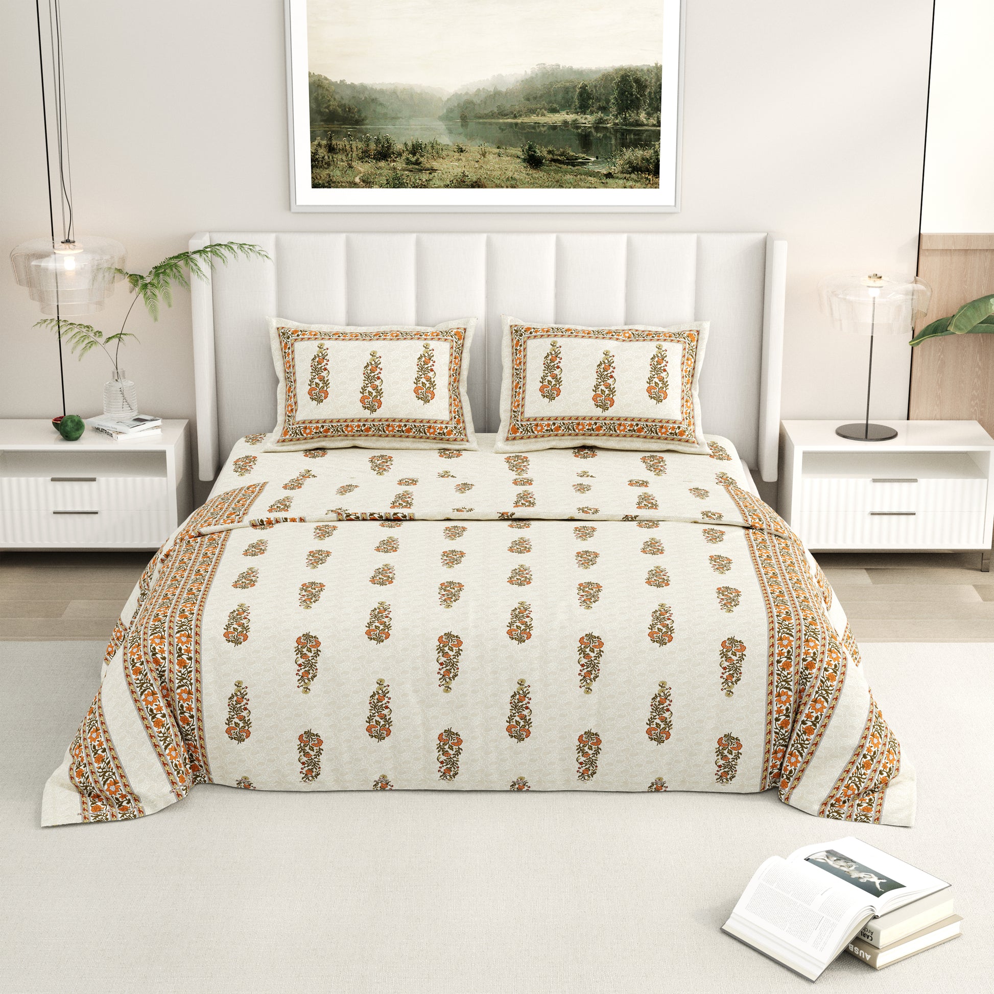Rainbow Ivory Blossom Premium Cotton King Size Bedsheet Set