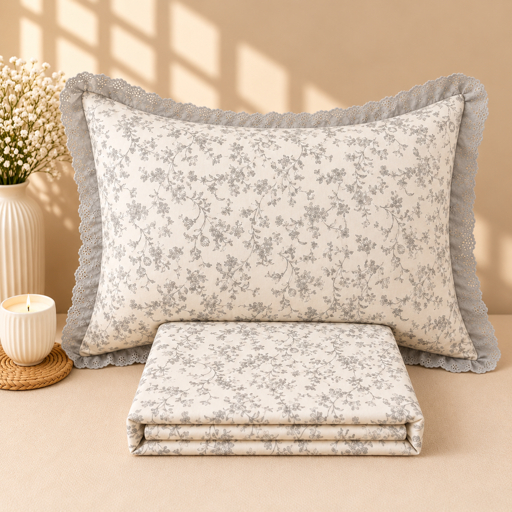Secret Garden Ivory & Grey Floral Printed King Size Imported Fabric Bedsheet Set