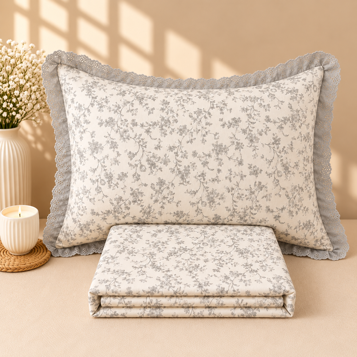 Secret Garden Ivory & Grey Floral Printed King Size Imported Fabric Bedsheet Set