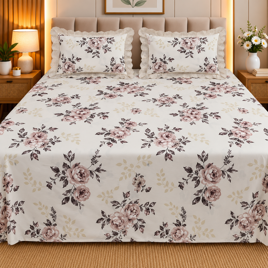 Secret Garden Ivory, Pink & Lavender Floral Printed King Size Imported Fabric Bedsheet Set