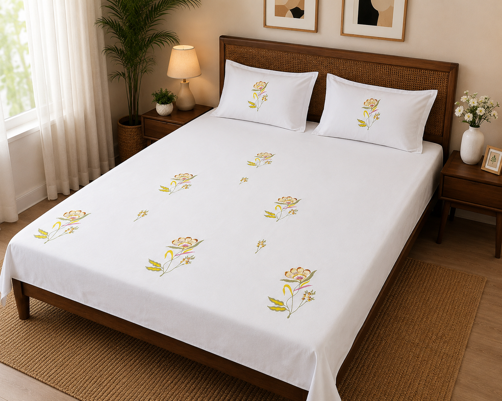Fabby Decor Premium Pure Cotton Super King-Size Floral Embroidered Designer Bedsheet