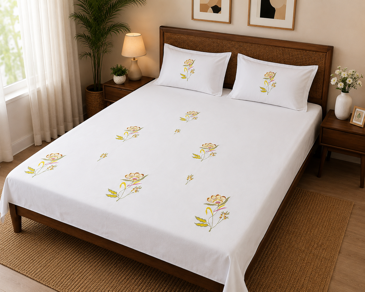 Fabby Decor Premium Pure Cotton Super King-Size Floral Embroidered Designer Bedsheet