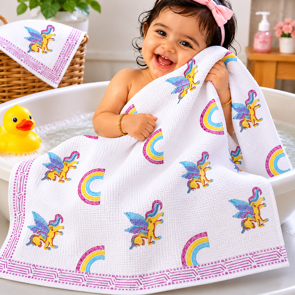 Kids Zone Waffle Printed Pure Cotton Bath & Hand Towels