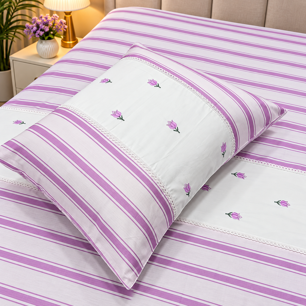 Skyla White & Pink Floral Embroidered & Striped King Size Pure Cotton Bedsheet Set