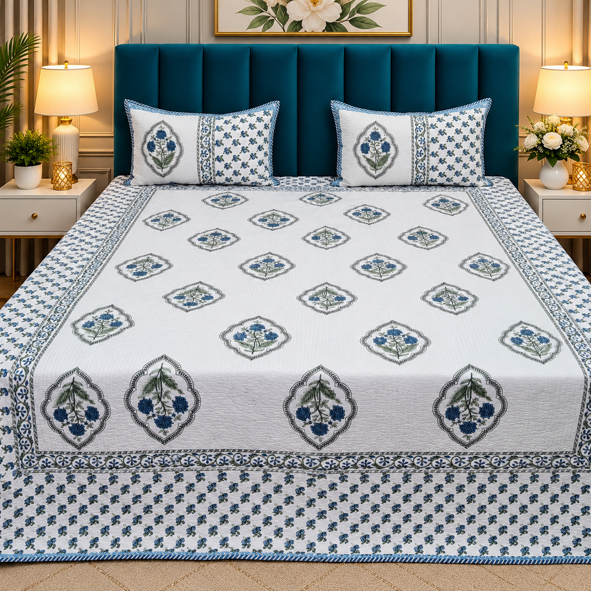 Nilaya Floral Premium Pure Cotton White & Blue Printed Bedcover