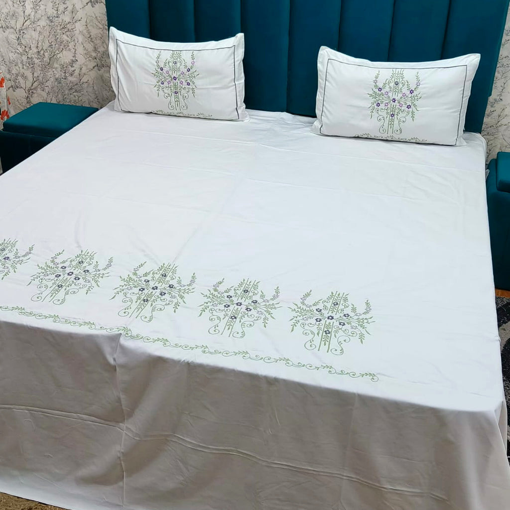 Shahi Karigari Pure Cotton King-Size White & Green Floral Embroidered Bedsheet