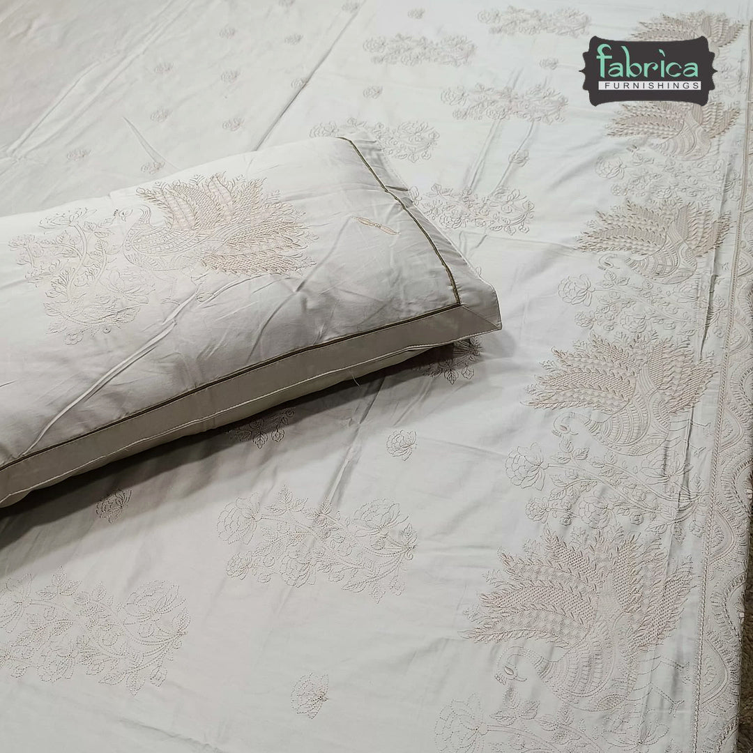 Roselyn Premium Pure Cotton Super King-Size Peacock Floral Embroidered Bedsheet