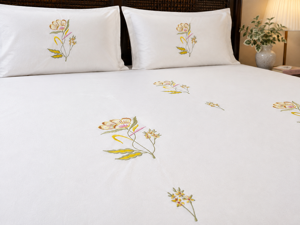 Fabby Decor Premium Pure Cotton Super King-Size Floral Embroidered Designer Bedsheet
