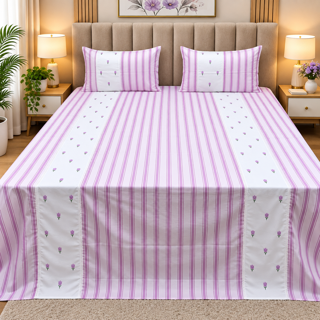 Skyla White & Pink Floral Embroidered & Striped King Size Pure Cotton Bedsheet Set