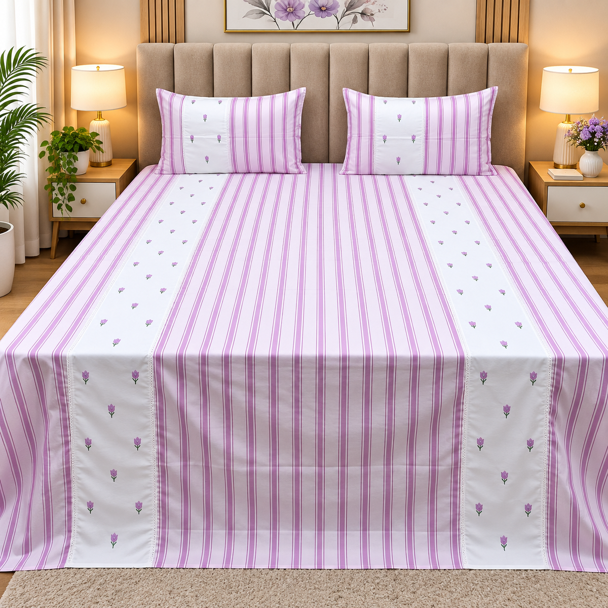 Skyla White & Pink Floral Embroidered & Striped King Size Pure Cotton Bedsheet Set