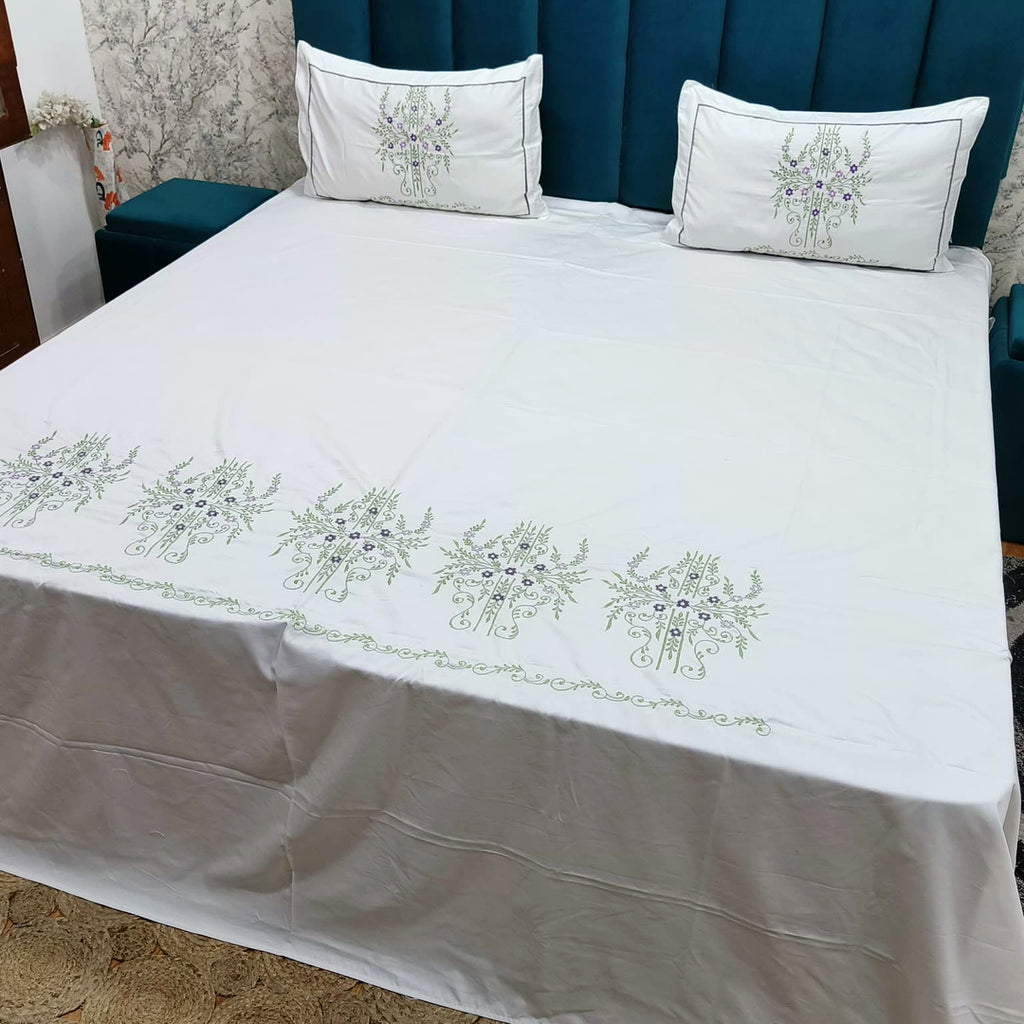 Shahi Karigari Pure Cotton King-Size White & Green Floral Embroidered Bedsheet