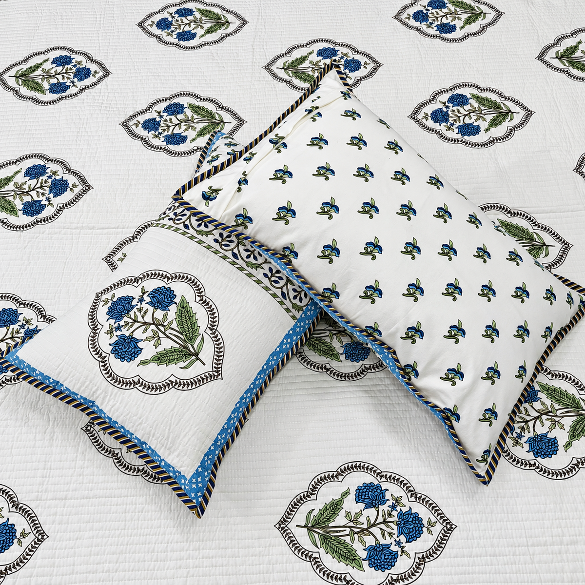Nilaya Floral Premium Pure Cotton White & Blue Printed Bedcover