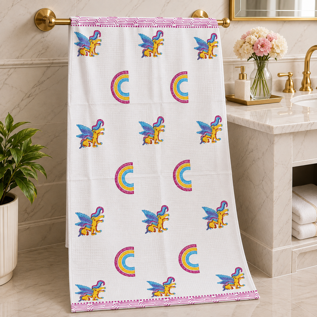Kids Zone Waffle Printed Pure Cotton Bath & Hand Towels