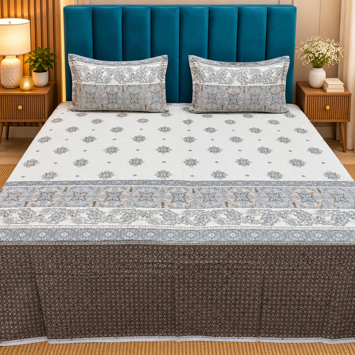 Artistry of India Premium Grey & Blue Floral Printed Pure Cotton King-Size Bedsheet Set