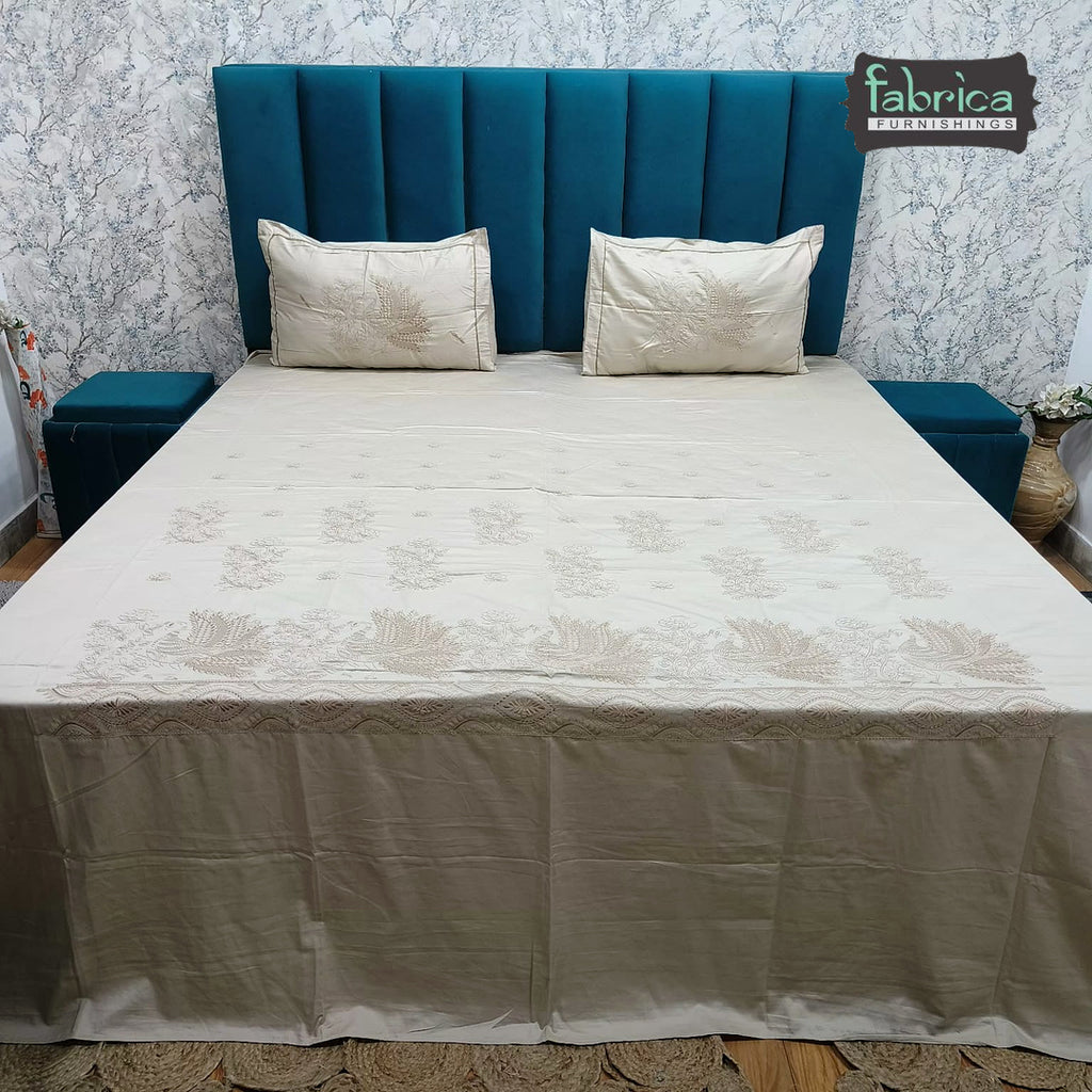 Roselyn Premium Pure Cotton Super King-Size Peacock Floral Embroidered Bedsheet