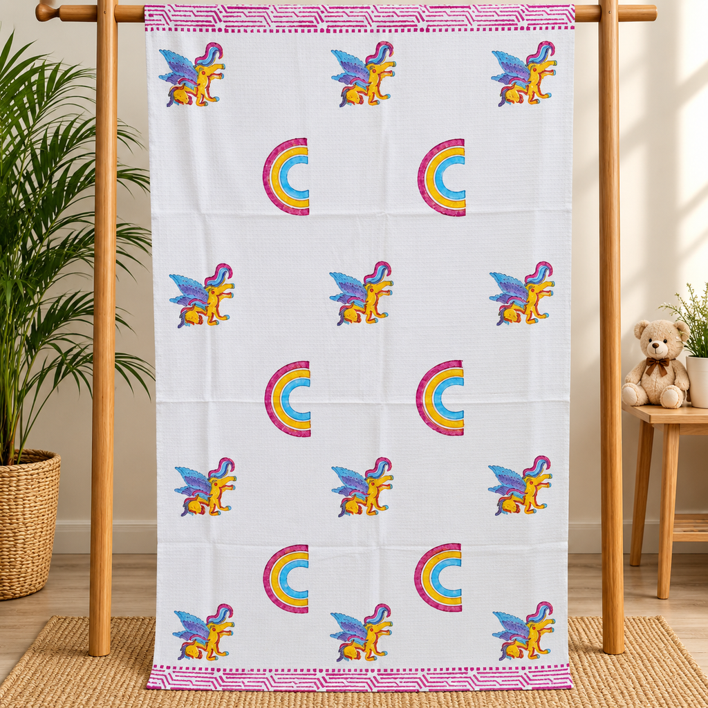 Kids Zone Waffle Printed Pure Cotton Bath & Hand Towels