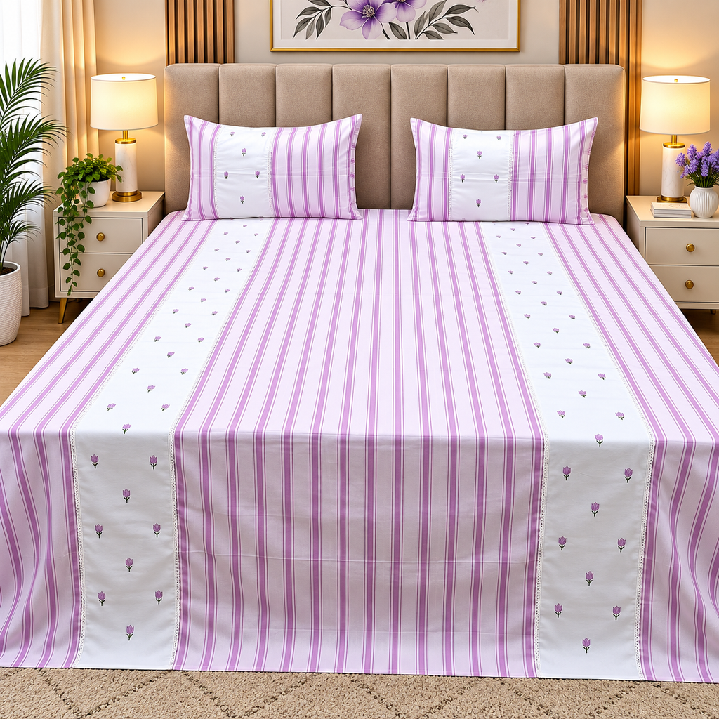 Skyla White & Pink Floral Embroidered & Striped King Size Pure Cotton Bedsheet Set