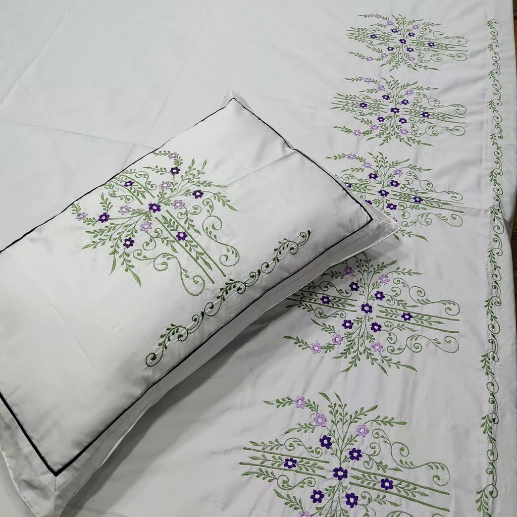 Shahi Karigari Pure Cotton King-Size White & Green Floral Embroidered Bedsheet