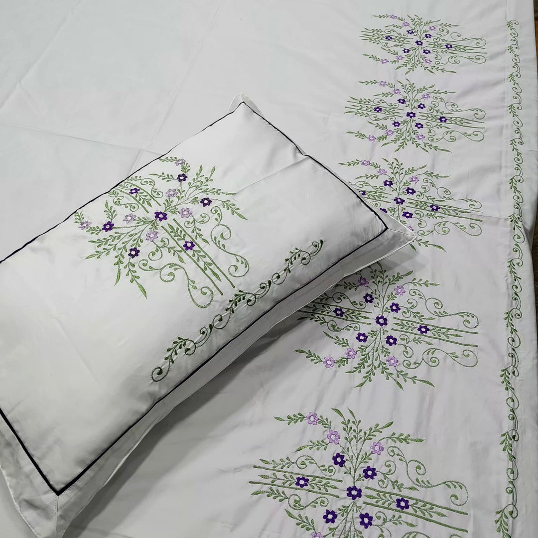 Shahi Karigari Pure Cotton King-Size White & Green Floral Embroidered Bedsheet
