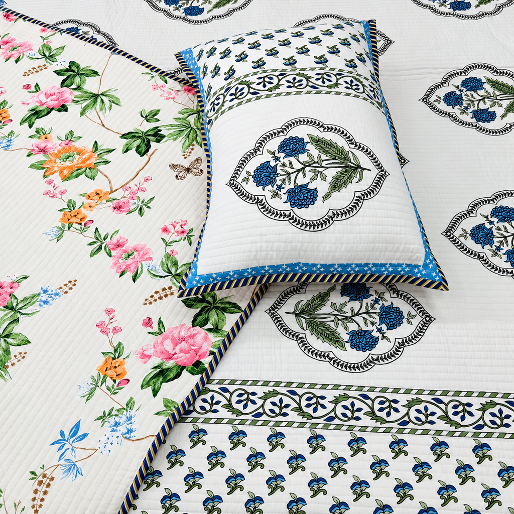 Nilaya Floral Premium Pure Cotton White & Blue Printed Bedcover