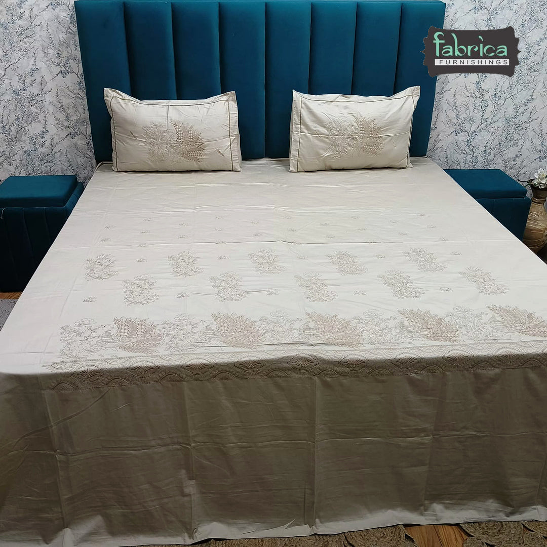 Roselyn Premium Pure Cotton Super King-Size Peacock Floral Embroidered Bedsheet