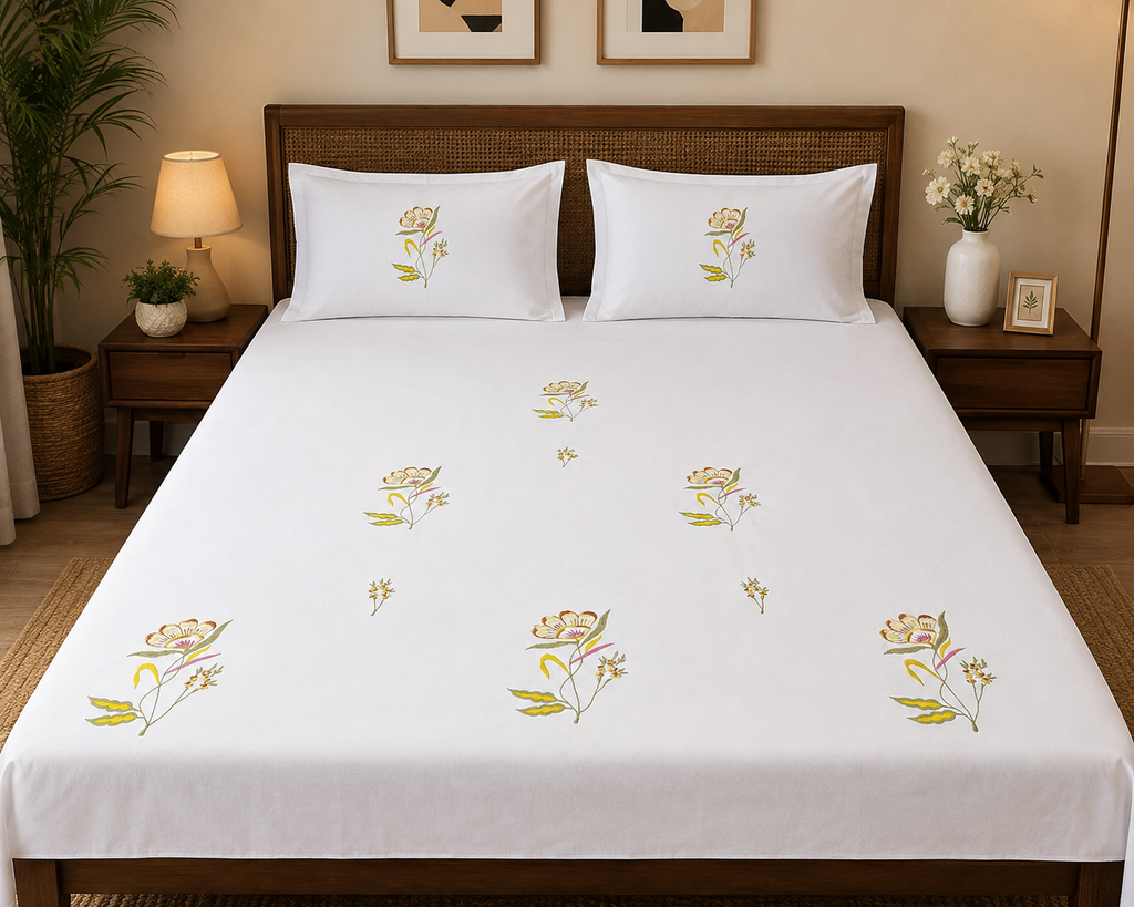 Fabby Decor Premium Pure Cotton Super King-Size Floral Embroidered Designer Bedsheet