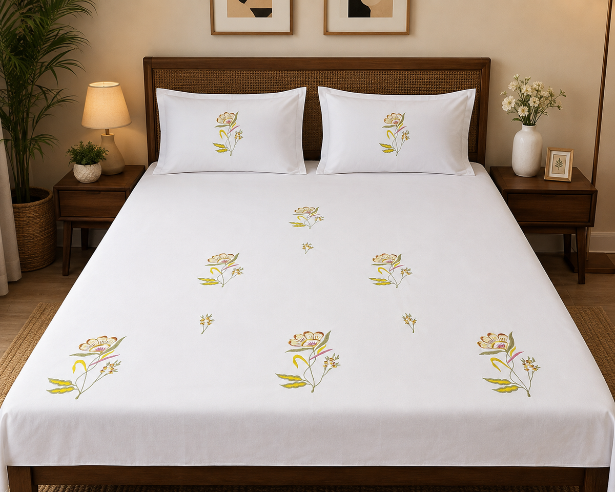 Fabby Decor Premium Pure Cotton Super King-Size Floral Embroidered Designer Bedsheet